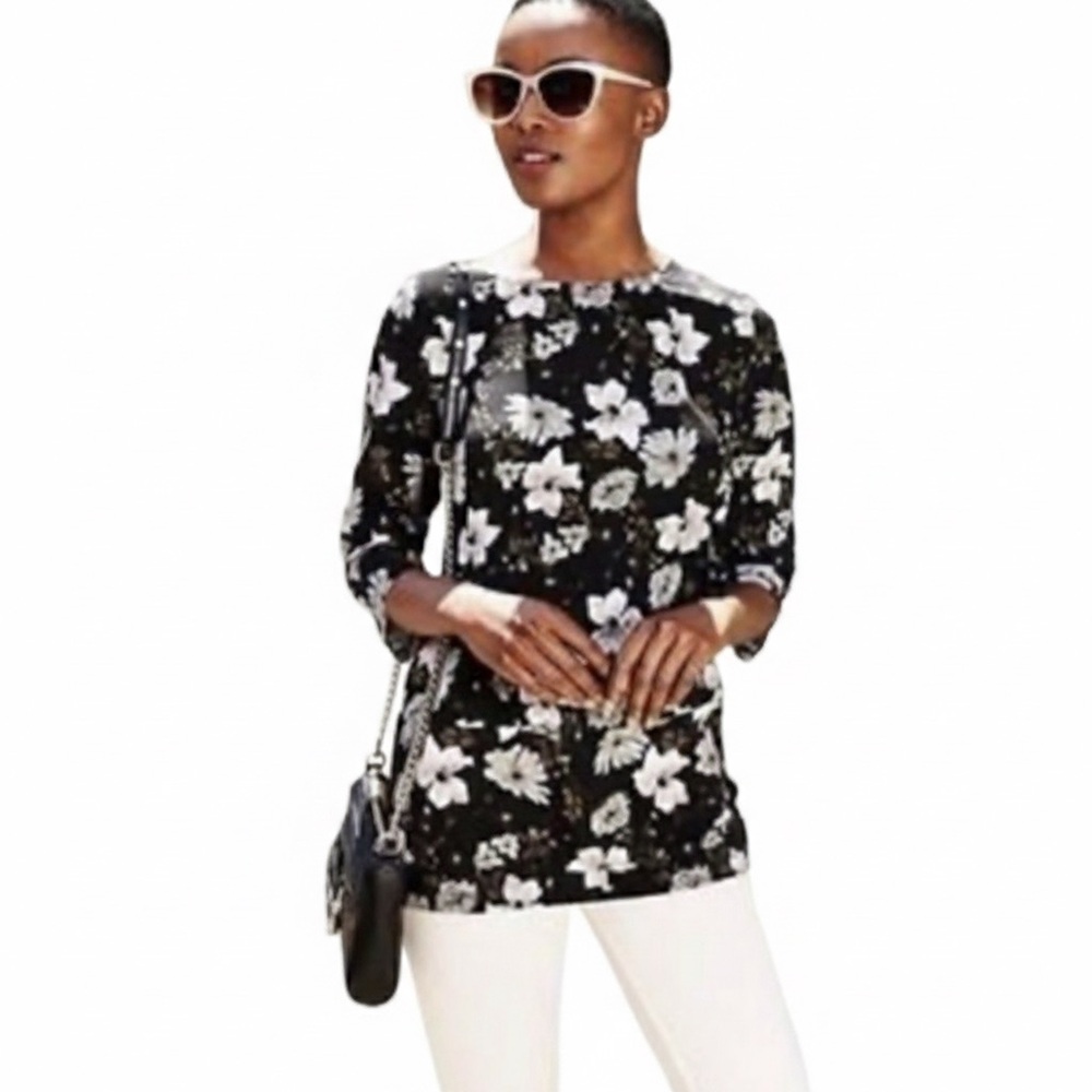 French Connection Black Floral Tunic Top. Size Small